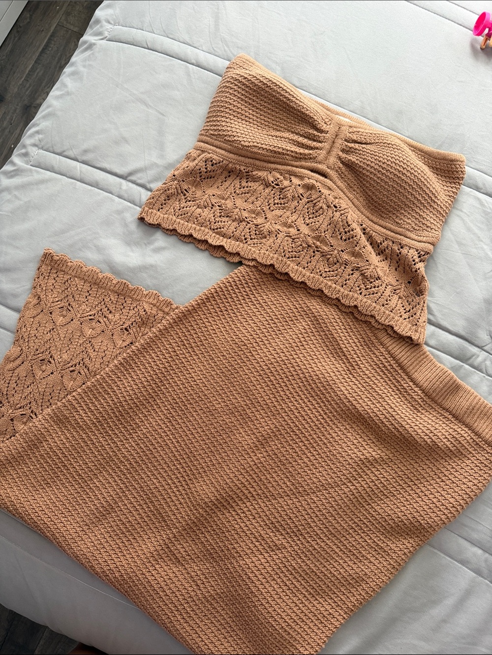 Women’s Strapless Crochet Knit Tube Top & Skirt Set - Camel